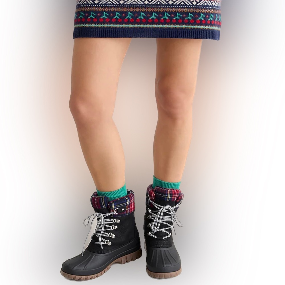 NWT J. Crew Plaid Cuff Black Nubuck Leather Perfect Winter Lace Up Boots 9